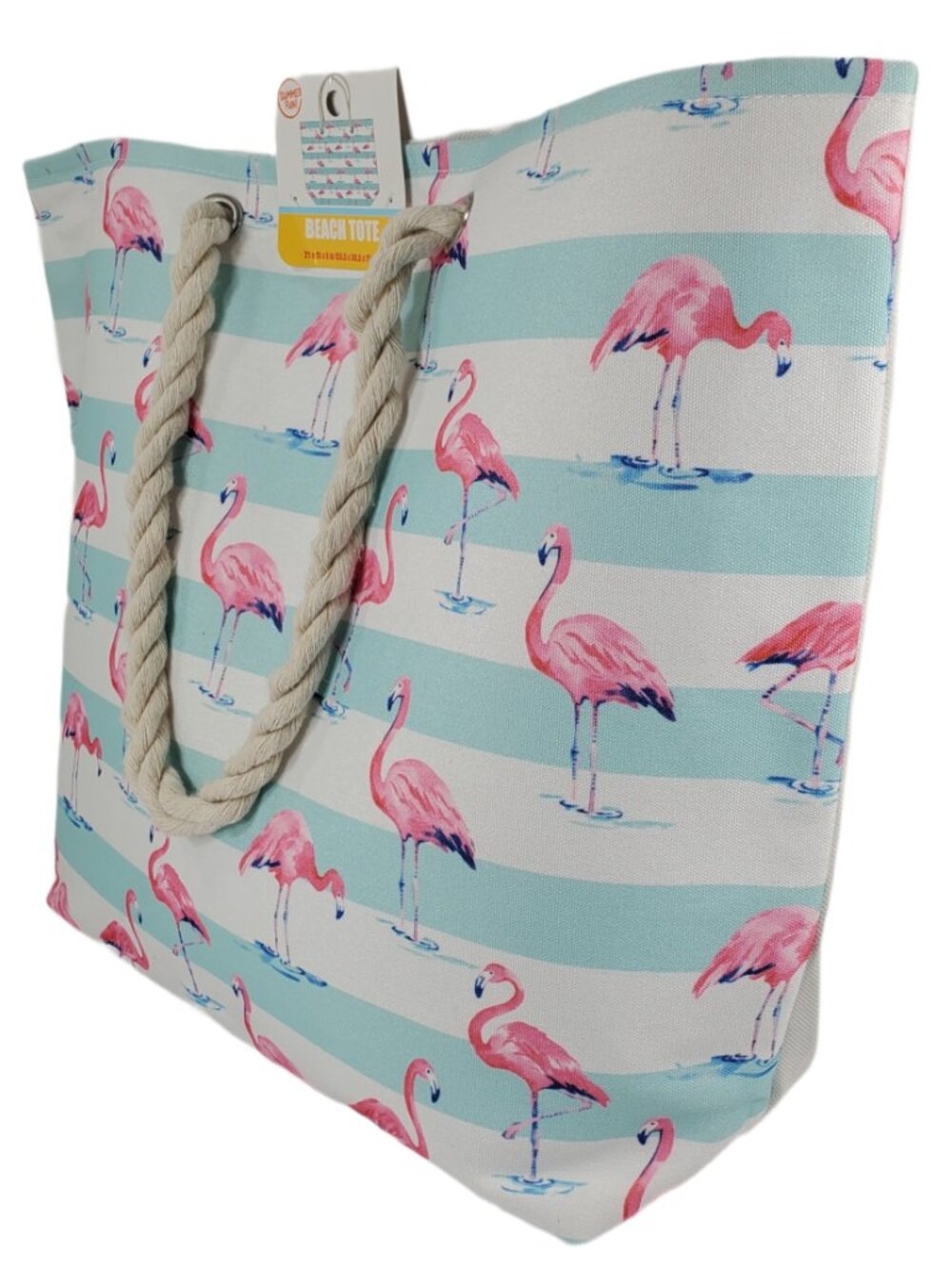 Flamingo Beach Tote Bag w/ Rope Handles, Large, Striped Pink Blue White NWT - Picture 3 of 11